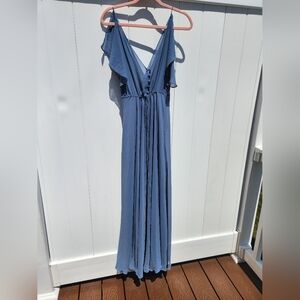 Jenny Yoo Sheer Baby Blue Long Dress | Flutter Cap Sleeve and Buttons | Size 6